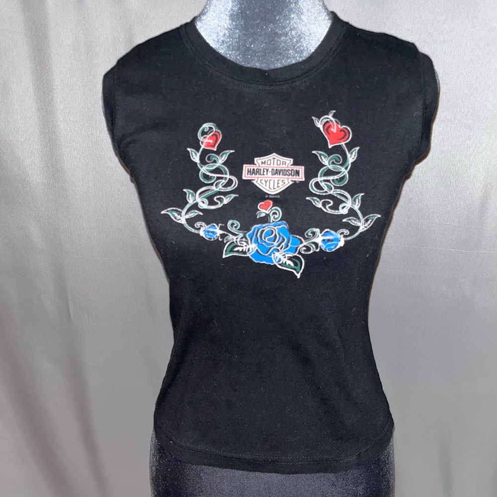 Harley-Davidson Black Tee with Blue and Red Floral Graphic